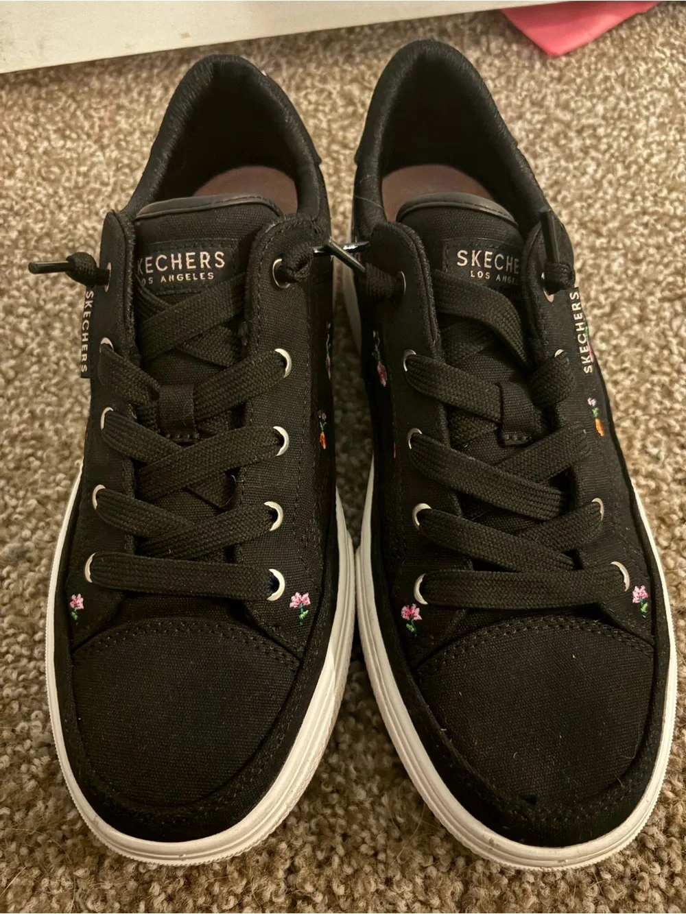 Skechers Black Canvas Low-Top Sneakers with Pink and Orange Floral Accents